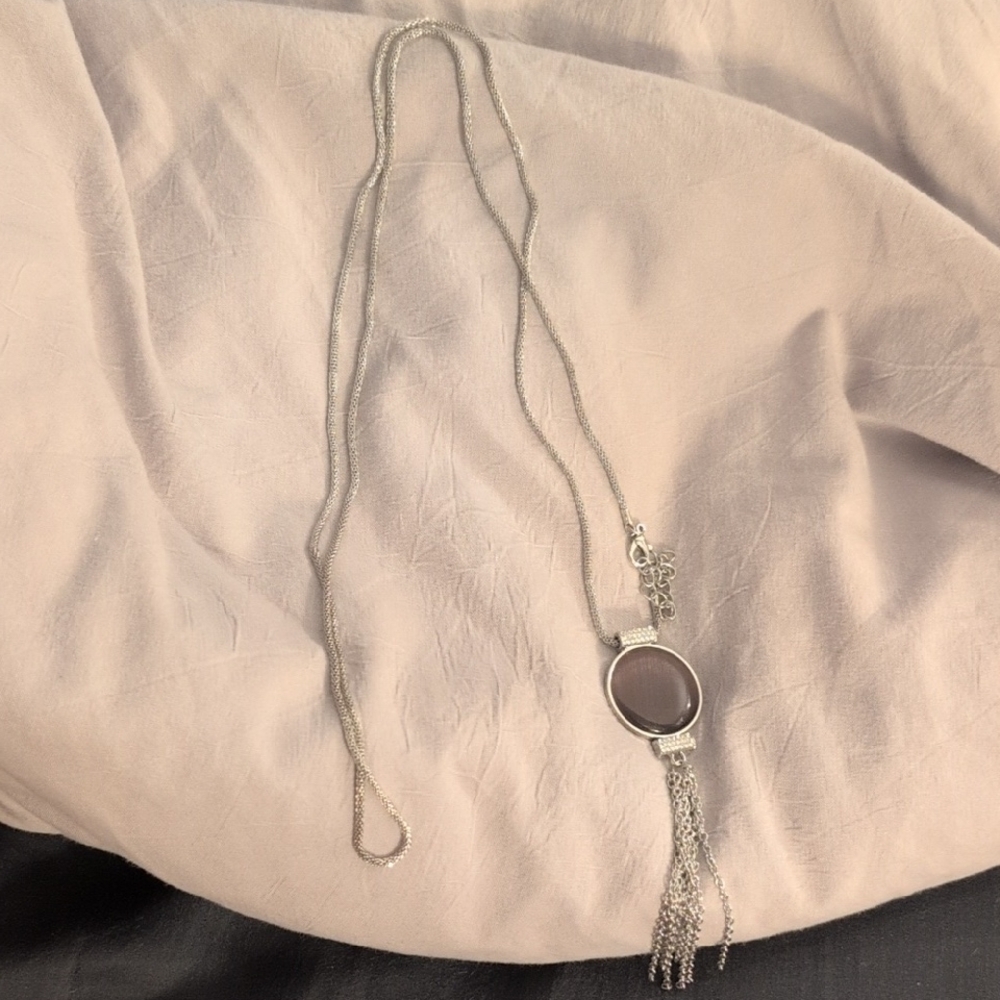 Silver Chain Necklace with Lavender Round Stone Pendant and Tassel Accent